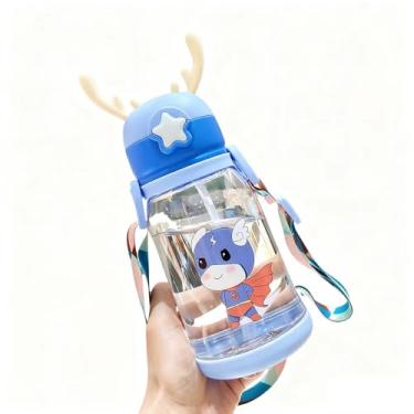 Imagem de Garrafa Infantil com Canudo 500 ml Desenho de Alce Antivazamento Resistente Alça de Transporte Ideal para Escola e Passeios (Azul)