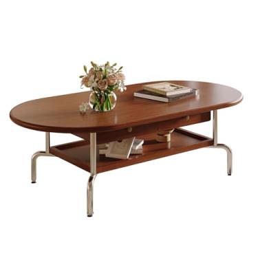 Imagem de Mesa de centro de madeira maciça com gaveta, 39,4/119,9 cm de comprimento, elegante mesa de centro para espaços pequenos, mesa de coquetel industrial de 2 níveis com prateleiras abertas, pernas de aço