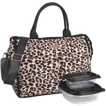 Imagem de Jessica Simpson Lancheira feminina para trabalho isolada com recipientes, | Lancheiras transversais largas com bolsos, alças (leopardo luxuoso)