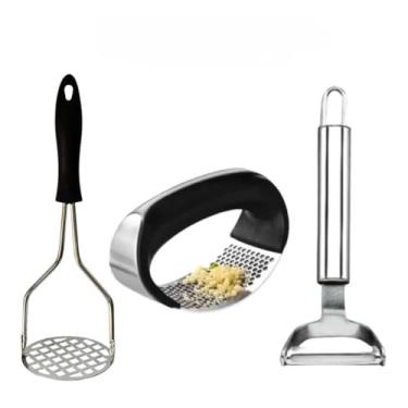 Imagem de Jogo 4 Peças Ralador 4 Faces Amassador Batata Amassador Alho Descascador de Legumes em Aço Inox(3 PEÇAS)