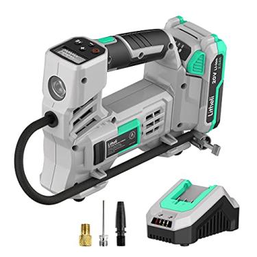Imagem de LiTHELi Inflador de Pneu com Compressor de Ar 20V, Bomba Portátil para Carro, Bicicleta, Bola Esportiva, Alimentado por Bateria com Manômetro Digital, 3 Adaptadores de Bico, 150 Psi, Inclui Bateria E