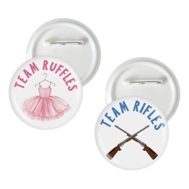 Imagem de 10 peças de alfinetes de botão de revelação de gênero de rifles ou babados, alfinetes de crachá de equipe Rufflesrl, botão de broche rosa ou azul para decoração de festa de revelação de gênero
