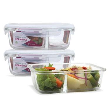 Imagem de Kit 3 Potes Vidro Hermético Retangular Com Divisória 640ml - U4home, B