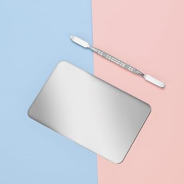 Imagem de Paleta de Maquiagem Aço Inoxidável com Espátula Ferramenta Profissional para Artistas Misturar Base Batom Sombra Olhos Esmalte Unha Pigmentos Arte Salão Beleza Resistente Antirrust Leve Fácil Limpar e