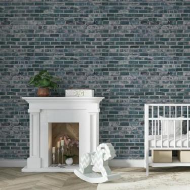 Imagem de Papel de parede espesso tijolo padronizado PVC material impermeável fundo de hotel parede retro papel de parede 3D adesivo de parede estereoscópico azul verde 44 * 500 cm