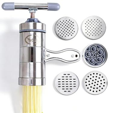 Imagem de BANGSHOU Máquina de espremer suco de aço inoxidável, máquina manual de massa, para fazer macarrão de diferentes espessuras e formas, além de fettuccine, inclui 5 moldes de macarrão
