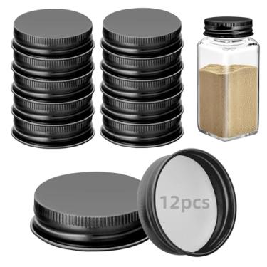 Imagem de 12 tampas de pote de ferro para potes quadrados de 113 g e 170 g reutilizáveis latas herméticas de armazenamento de especiarias para cozinha de vedação (preta)