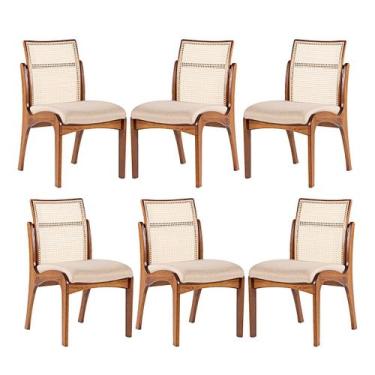 Imagem de Kit 6 Cadeiras de Jantar em Madeira Lisboa Encosto Rattan Estofada Lin