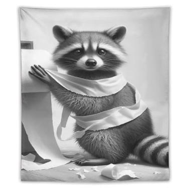 Imagem de Tapeçaria de papel higiênico guaxinim para banheiro preto e branco impressão artística para quarto sala de estar dormitório decoração de casa com design de animal de estimação selvagem brincalhão