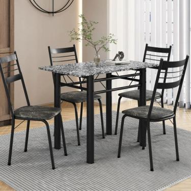 Imagem de Conjunto Tubular de Mesa e Cadeiras Palma Preto/Floral Dourado/Ocre