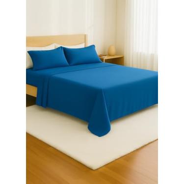Imagem de Jogo de Cama Queen Size 4 Peças, 100% Algodão, Cetim 300 Fios, Azul, Lençol 240x260cm, 2 Fronhas 70x50cm