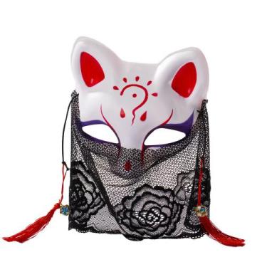 Imagem de Máscara de raposa, renda, PVC, meia face com borlas vermelhas para cos