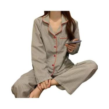 Imagem de Conjunto De Pijama Feminino Listrado Cinza De Manga Longa, Roupa De Do