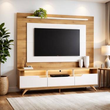 Imagem de Estante Home para Tv 60 Polegadas com Led e Pés em Madeira Maciça Diplomata Cinamomo/Off White