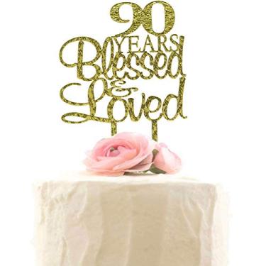 Imagem de Topo de bolo de 90 anos abençoado e amado, decoração de festa de aniversário de 90 anos (glitter dourado)