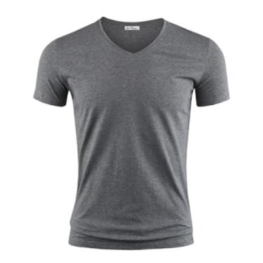 Imagem de Camiseta masculina cor pura gola V e O manga curta camisetas masculinas fitness para roupas masculinas 1, Gola V cinza escuro, M