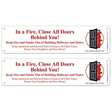 Imagem de Placa FDNY, in a Fire, Close All Doors Behind You Sign, Atende ao Código Administrativo de NYC 15-135, (pacote com 2) 8,5 x 30,5 cm, sem ferrugem, alumínio 040, resistente ao desbotamento, feito nos EUA por Sigo Signs