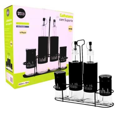 Imagem de Kit Galheteiro Preto Saleiro Pimenteiro 4 Peças Com Suporte Inox - Yin