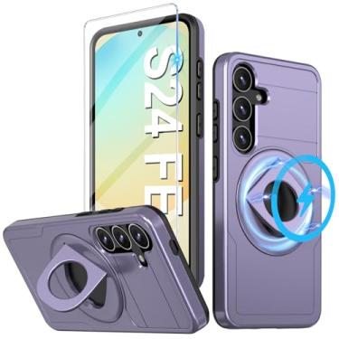 Imagem de Capa para celular Samsung Galaxy S24 FE Mag-Safe com protetor de tela, fina, à prova de choque, militar, resistente, antiqueda, capa de celular magnética com suporte 360 para S24 FE (roxa)