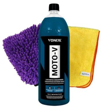 Imagem de Vonixx Kit Lava Motos, Shampoo Moto-V 1,5L Concentrado, Flanela Amarela, Luva Microfibra