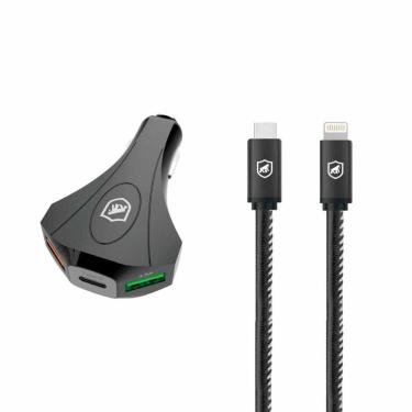 Imagem de Kit Carregador Veicular Tank e Cabo Turbo Militar Tipo C / Lightning - Gshield