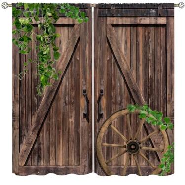 Imagem de AAVEUP Cortinas de porta de celeiro de madeira para cozinha, tábuas rústicas vintage plantas verdes porta de madeira tratamentos de janela de fazenda impressão para quarto de fazenda sala de estar 107