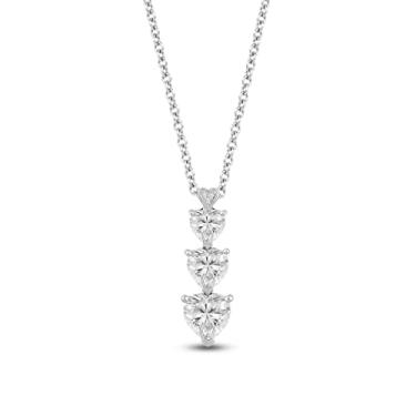 Imagem de Jewelili Colar feminino de viagem de 3 pedras com placa de prata fina | Coração branco e zircônia cúbica redonda | Corrente de cabo | Joias finas com caixa de presente | Presente de Dia dos Namorados