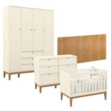 Imagem de Quarto de Bebê Unique 4 Portas com Cômoda 6 Gavetas e Painel Farm Off White Eco Wood - Matic