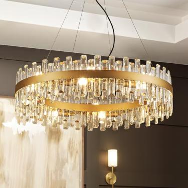 Imagem de lighceac Lustre De Cristal Moderno Dourado 31,9" Com Luminárias, Luxo 2 Anéis Para Sala Jantar, Iluminação Pendente Redonda 16 Luzes, Estar, Cozinha, Ilha, Entrada, Quarto