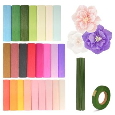 Imagem de OALEN Rolos De Papel Crepom Com 24 Cores, 10 Folhas X 98", Serpentinas Sortidas Haste Floral, Arame E Fitas Verdes, Embrulho Flores Faça Você Mesmo Para Festa Aniversário, Casamento, Decoração Festi