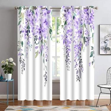 Imagem de EOTDMS Cortinas florais em aquarela roxa 213 cm de comprimento, folhas botânicas flores de videira cortinas rústicas para casa de fazenda, cortinas blackout para quarto e sala de estar 132 x 213 cm, 2