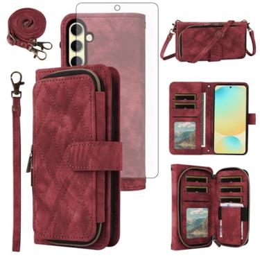 Imagem de Capa de celular para Samsung Galaxy S24 FE 5G carteira celular com protetor de tela de vidro temperado alça transversal alça flip suporte zíper bolsa porta-cartões slot dinheiro S 24 EF AI S24FE 24S