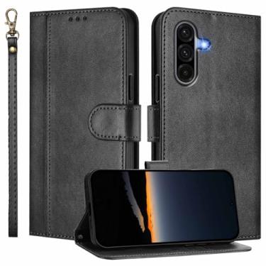 Imagem de JanCalm Capa carteira para celular Galaxy A36 5G, capa para Samsung A56, compartimentos para dinheiro, alça de pulso, capa flip com suporte minimalista, proteção de couro PU premium (preto)