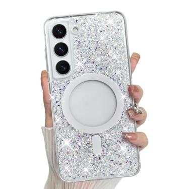 Imagem de Bonoma Capa para Samsung Galaxy S23 Plus, parte traseira brilhante com glitter, suporte magnético para capa à prova de choque MagSafe, proteção de alta qualidade transparente para capa de telefone