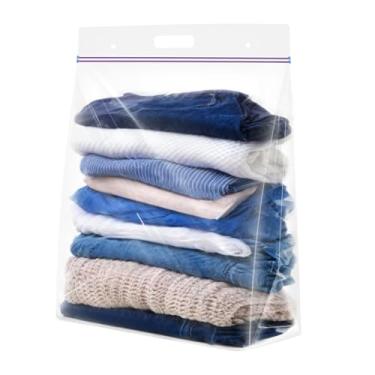 Imagem de Xsourcer Sacos com zíper de 5 galões com alça e parte inferior, pacote com 12, bolsa de armazenamento de plástico transparente resistente, bolsa de armazenamento grande reutilizável com zíper de 45,7