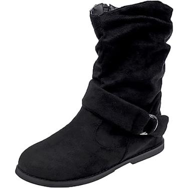 Imagem de Botas de cano curto para mulheres femininas bico redondo fivela tira fivela botas com zíper lateral camurça plana salto baixo botas, Preto, 38 BR