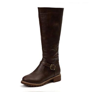 Imagem de Bigfanshu Bota feminina de cano longo regular e extra larga, salto empilhado, camurça sintética, acima do joelho, botas Chukka com zíper na altura do joelho, Marrom, 9.5