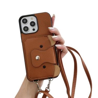 Imagem de Capa carteira crossbody com cordão para iPhone 14 13 12 Mini 11 Pro XS Max X 8 7 Plus com capa de couro com suporte para cartão, marrom, para iPhone 7Plus (8Plus)
