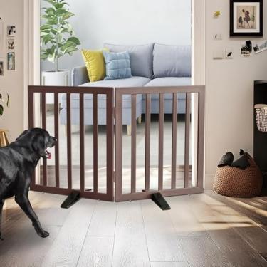 Imagem de SFJC Portão interno para cães, cerca independente para casa, portas, corredores ou escadas, portão para animais de estimação dobrável de madeira, expansível 61 cm de altura, 2 painéis, marrom