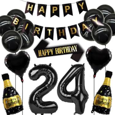 Imagem de Conjunto de decorações de aniversário de 24 anos para mulheres e homens, balão de decoração de aniversário de 24 anos de ouro preto, suprimentos para festa de 24 anos, incluindo faixa, alça de ombro e