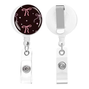 Imagem de NEZGUEE Pacote com 2 porta-crachás retráteis com clipe de crachá para estudantes, trabalhadores de escritório, médicos, enfermeiras, professores, laços pretos e rosa