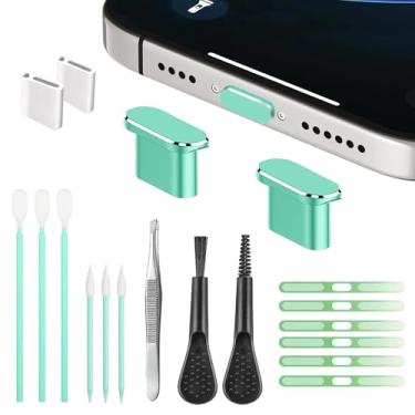 Imagem de Alto-falante para celular, malha de poeira de metal, plugue de poeira de porta de carregamento, conjunto de ferramentas de limpeza de escova de limpeza para iPhone 16 série 15 (USB -C verde)