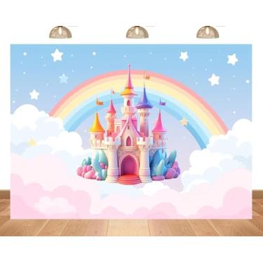 Imagem de PEKRU 2,1 x 1,5 m tecido desenho animado castelo cenário blockbuster nuvens arco-íris estrelas decoração conto de fadas pequeno castelo foto fundo para meninas festa de aniversário chá de bebê menina