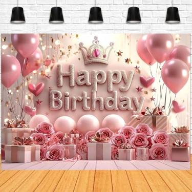 Imagem de Pano de fundo rosa princesa feliz aniversário coroa floral ouro rosa e balão rosa fundo fotográfico elegante meninas princesas mulheres decoração de festa de aniversário banner foto suprimentos (D