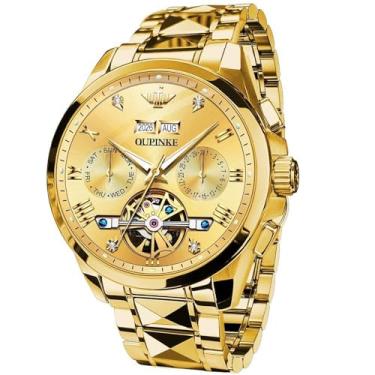 Imagem de OUPINKE Relógio masculino automático com design de rosto grande, vestido de esqueleto mecânico, relógios de pulso executivos, dois tons, aço tungstênio, à prova d'água, safira calendário, Todo dourado