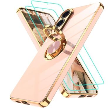 Imagem de Gritup Capa para Samsung Galaxy S25 Edge | 2 peças protetoras de tela | Suporte magnético de rotação de 360°, capa protetora à prova de choque de TPU macio com borda dourada banhada a ouro para S25