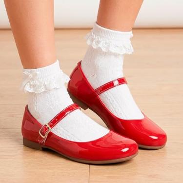 Imagem de Kit Sapato Social Mary Jane Infantis com Fivela, Salto Baixo, Meias Brancas Rendadas (Vermelho, BR, Criança de 9 a 12 anos, Numérico, 31)