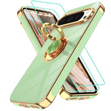 Imagem de Gritup Capa para Google Pixel 9 Pro: 2 peças protetoras de tela | Suporte magnético de rotação de 360° | Capa protetora básica de TPU macio com borda dourada revestida para celular Pixel 9 verde