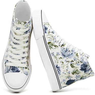 Imagem de yageyan Tênis feminino de lona de cano alto moderno com cadarço branco para mulheres, casual, clássico, Azul, 34