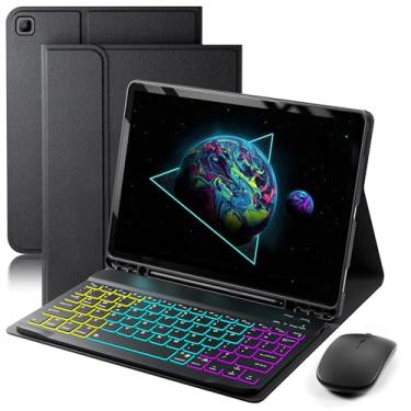 Imagem de Capa com teclado para Samsung Galaxy Tab A7 26.4 cm 2020 – teclado magnético destacável retroiluminado com mudança de arco-íris de 7 cores com suporte para caneta S com mouse – Preto
